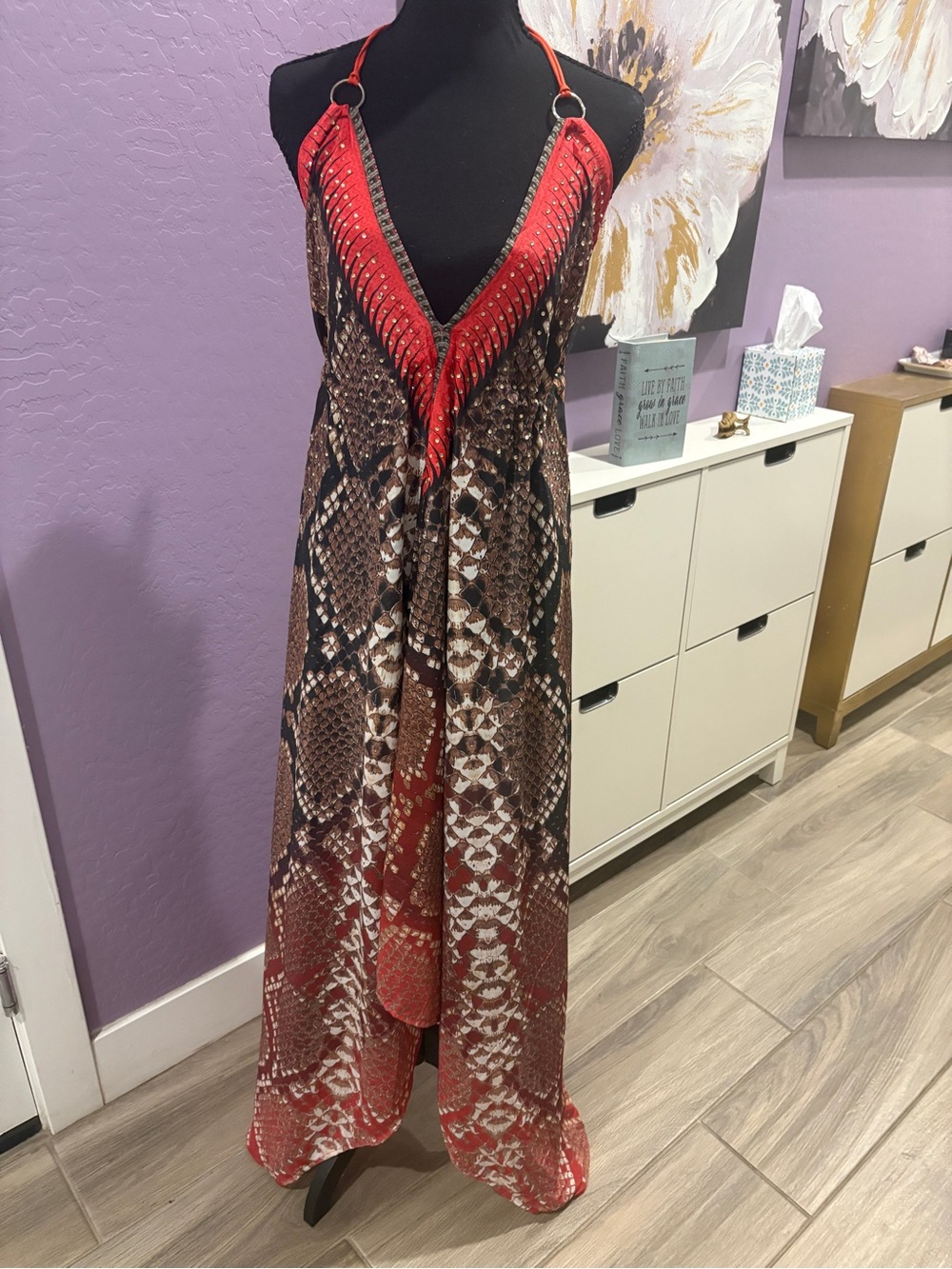 Backless V-Neck Snake Print Maxi Dress in Red
